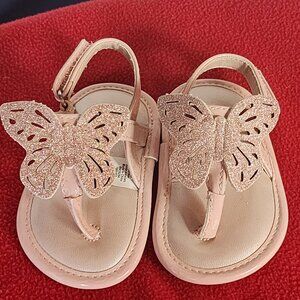 The Children's Place Rose Gold Glitter Butterfly T Strap Baby Sandals Size 3-6M